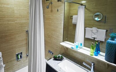 Guest bathroom with shower and tub at Miami International Airport Hotel.