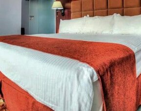 Spacious guest room with a king bed, seating area, desk, television, and large windows at Hotel Grand International.