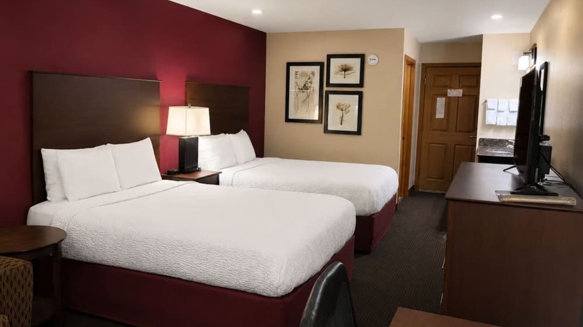 Comfortable hotel guest room with two beds dressed in white linens, burgundy accent wall and bed bases, dark wood headboards, bedside lamp, framed botanical artwork, television and wooden furnishings.