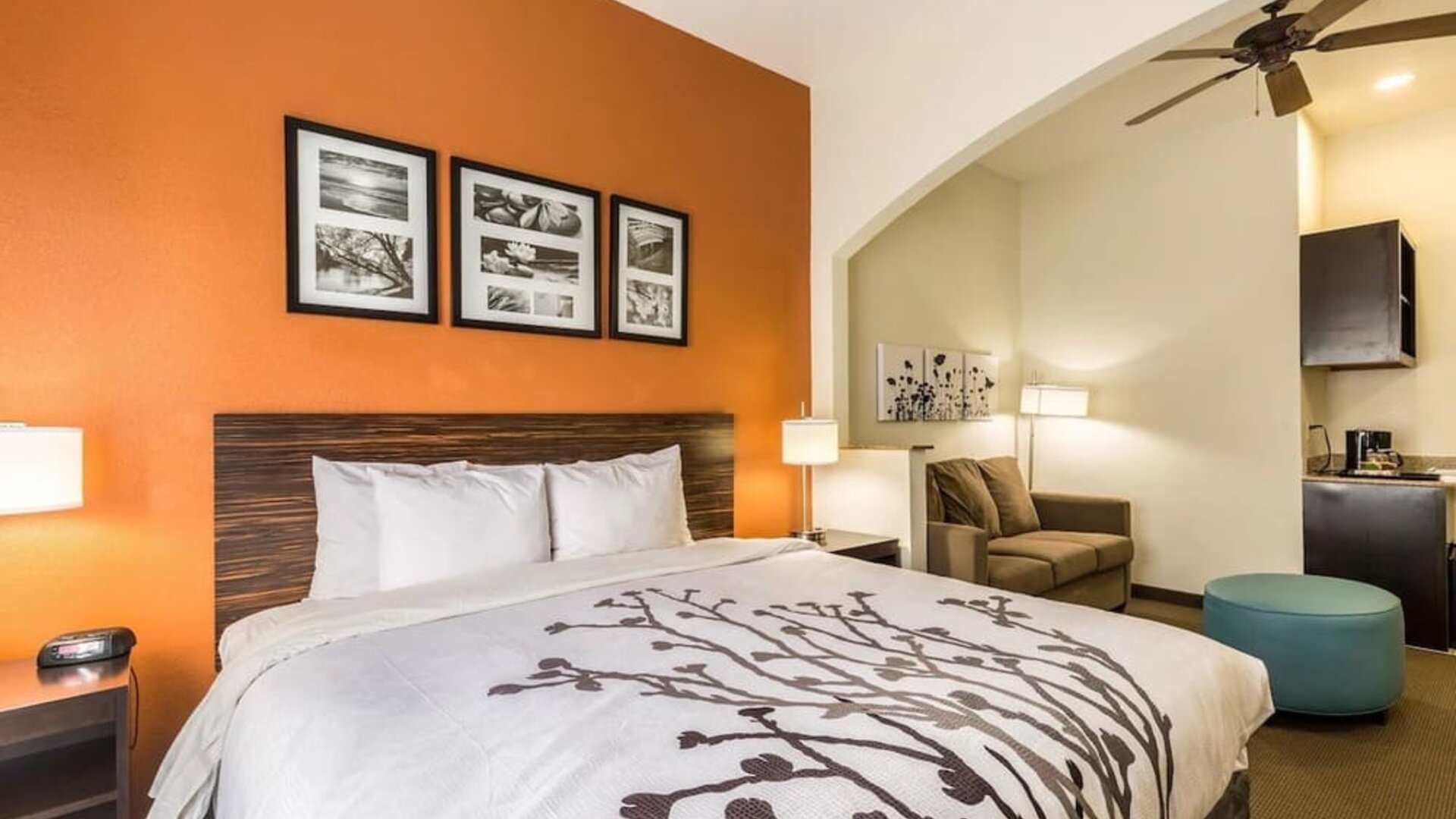 King guest room with a large bed, white bedding, orange accent wall, framed artwork, bedside lamps, television, desk, armchair, and kitchenette area at Sleep Inn & Suites Stafford - Sugar Land.