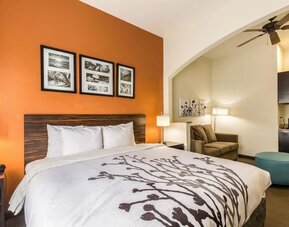 King guest room with a large bed, white bedding, orange accent wall, framed artwork, bedside lamps, television, desk, armchair, and kitchenette area at Sleep Inn & Suites Stafford - Sugar Land.