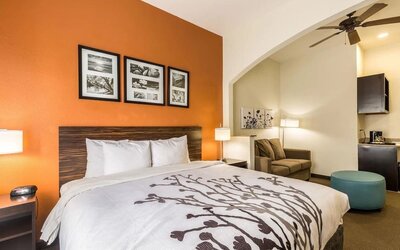 King guest room with a large bed, white bedding, orange accent wall, framed artwork, bedside lamps, television, desk, armchair, and kitchenette area at Sleep Inn & Suites Stafford - Sugar Land.