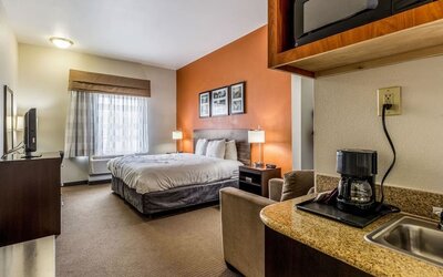 King guest room with a large bed, orange accent wall, framed artwork, bedside lamps, television, armchair, kitchenette counter, and coffee maker at Sleep Inn & Suites Stafford - Sugar Land.