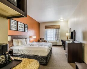 Spacious king guest room with a large bed, orange accent wall, framed artwork, sofa, ottoman, armchair, television, kitchenette, refrigerator, and coffee maker at Sleep Inn & Suites Stafford - Sugar Land.