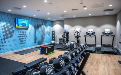 Modern hotel fitness center equipped with treadmills, an elliptical machine, exercise equipment, a dumbbell rack, workout bench, exercise ball, and wall-mounted television.