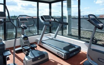 Hotel fitness room with treadmills, elliptical machines, and large windows overlooking the surrounding area at Holiday Inn Toulouse Airport.