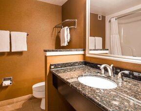 Bathroom vanity with a granite countertop, oval sink, chrome fixtures, large mirror, brown walls, and white towels at Best Western Plus BWI Airport Arundel Mills.