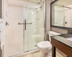 Accessible hotel bathroom featuring a glass-enclosed walk-in shower with grab bars, a white toilet, dark granite vanity countertop, large framed mirror, and fresh white towels at Comfort Inn Alma.