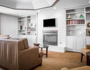 Comfortable Sleep Inn lobby lounge featuring beige upholstered sofas and armchairs, a central fireplace with a wall-mounted flat-screen television, built-in white bookshelves displaying books and decorative accessories, and a round coffee table.