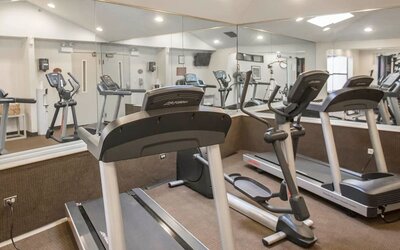 Hotel fitness center featuring multiple treadmills, elliptical exercise machines, wall-to-wall mirrors, bright overhead lighting, and neutral-colored carpeting in a dedicated indoor workout space.