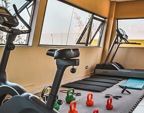 Fitness centre with exercise bike, treadmill, kettlebells and large windows at Howard Johnson Plaza Buenos Aires.