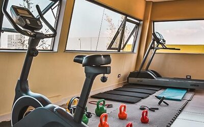 Fitness centre with exercise bike, treadmill, kettlebells and large windows at Howard Johnson Plaza Buenos Aires.