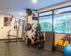 Fitness room with strength-training equipment, dumbbells, exercise mats, a stability ball, and large windows at Hotel Living 35 Suites.