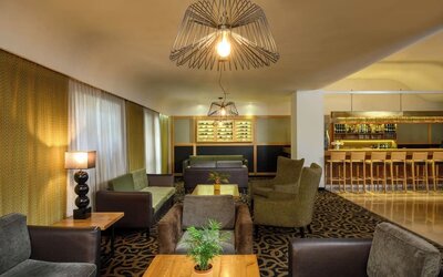 Hotel lounge with upholstered armchairs and sofas, wooden coffee tables, patterned carpeting, decorative pendant lighting, and an adjoining bar at Prima Park Hotel.