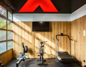Fitness room with exercise machines, dumbbells, wooden wall panels and large windows at Hotel Best Western PLUS Alfa Aeropuerto.