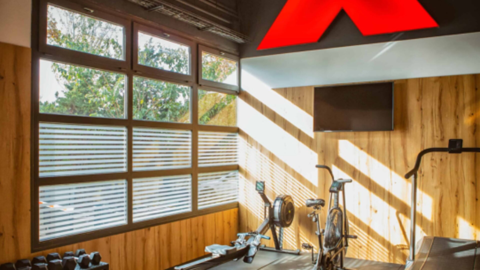 Gym with treadmill, stationary bikes, weight bench and dumbbells in a wood-panelled room at Hotel Best Western PLUS Alfa Aeropuerto.