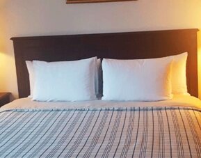 Guest room with double bed, striped bedding, dark wooden headboard and matching bedside tables with lamps at Hospedium Princess Hotel Panamá.
