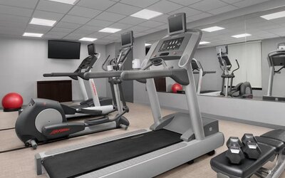 Fitness center with treadmills, elliptical machines, dumbbells, wall mirrors and a red exercise ball at Courtyard By Marriott Dothan.