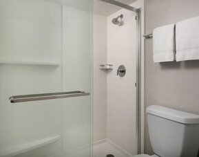 Bathroom with glass-enclosed walk-in shower, white toilet, gray walls and white towels hanging on a rail at Courtyard By Marriott Dothan.