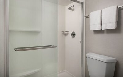 Bathroom with glass-enclosed walk-in shower, white toilet, gray walls and white towels hanging on a rail at Courtyard By Marriott Dothan.