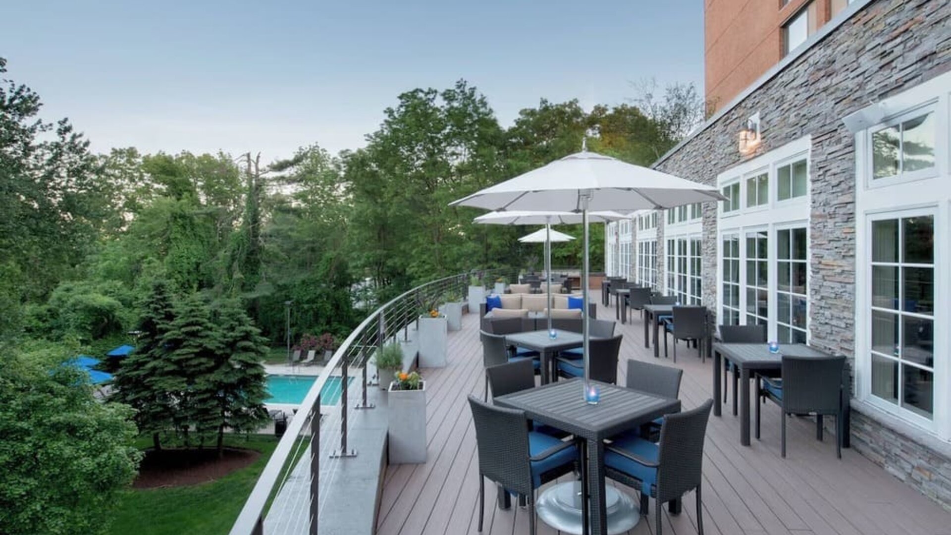 Hotel terrace seating at Boston Marriott Burlington.