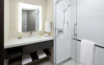 Private guest bathroom with shower and free toiletries at DoubleTree By Hilton Montreal.