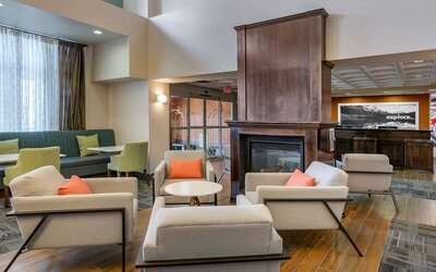 Comfortable hotel lobby perfect for co-working at Hampton Inn & Suites By Hilton Edmonton/West.