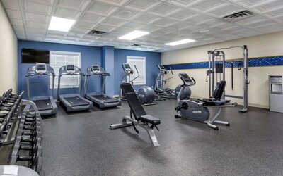 Fully equipped fitness center at Hampton Inn & Suites By Hilton Edmonton/West.