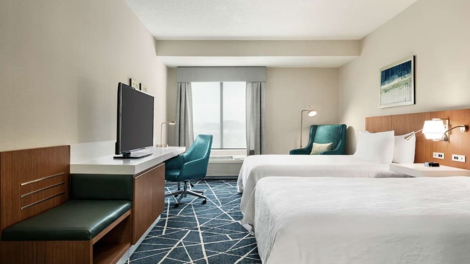 Day use twin room with TV, work desk and private bathroom at the Hilton Garden Inn Kitchener/Cambridge.