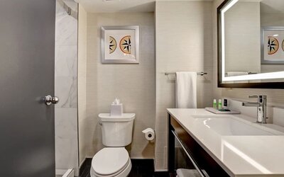 Private guest bathroom with shower and free toiletries at the Four Points By Sheraton St Catharines Niagara Suites. 