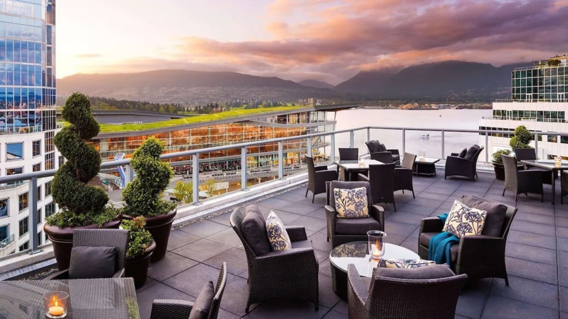 Hotel terrace with comfortable seating perfect for co-working at the Fairmont Waterfront.