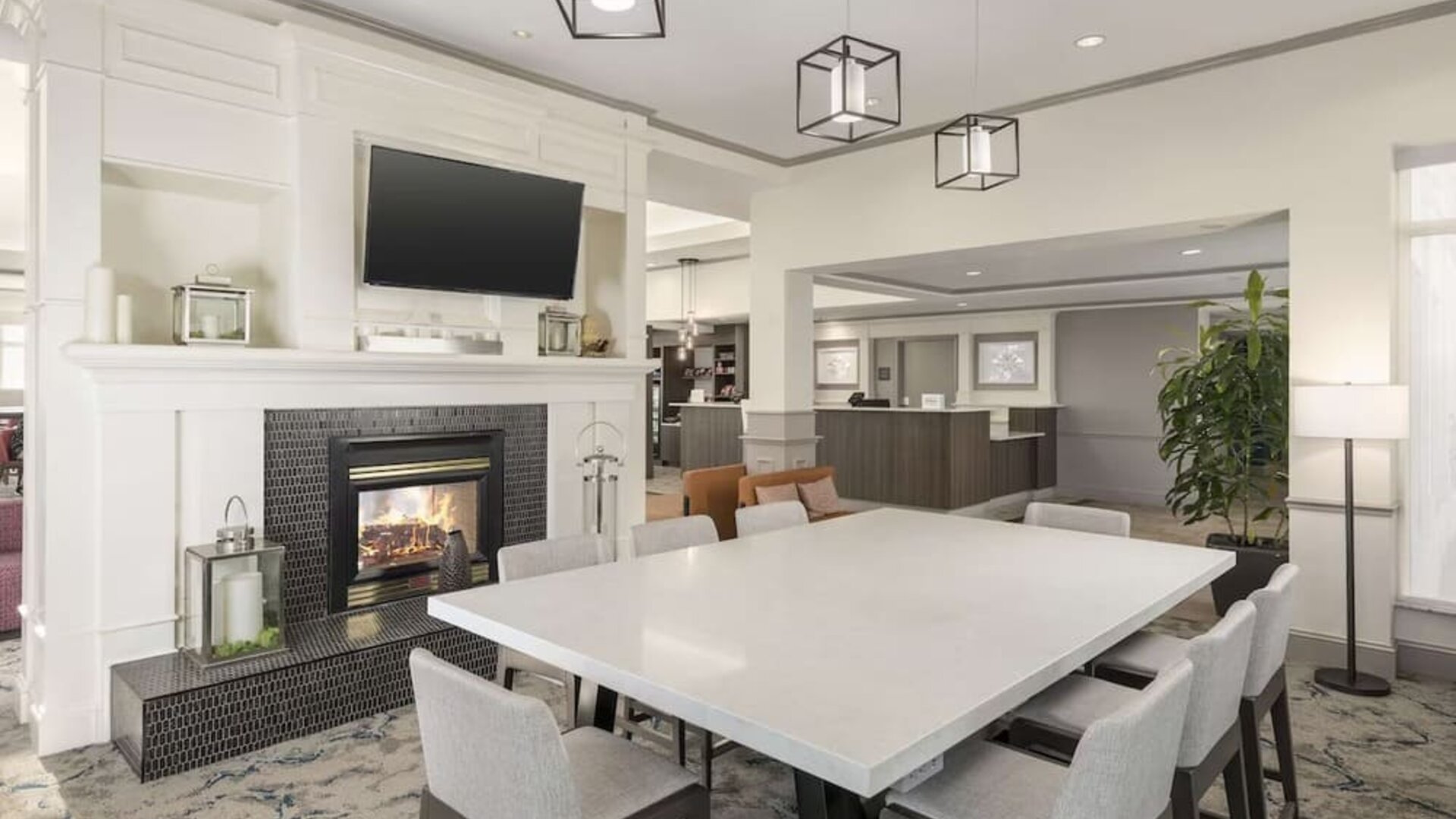 Lobby and coworking lounge at Hilton Garden Inn Boca Raton.