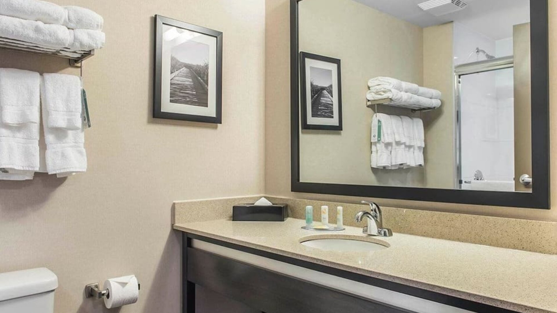 Guest bathroom with shower and free toiletries at Quality Inn & Suites Kingston.
