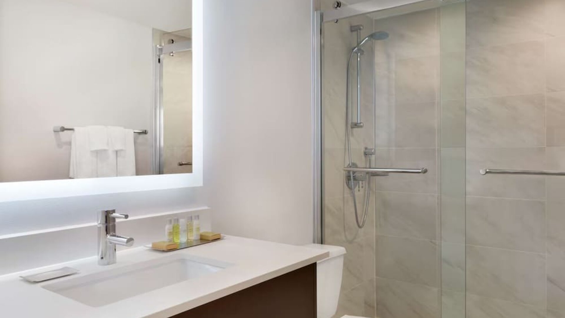 Private guest bathroom at DoubleTree By Hilton Hotel Toronto Airport West.