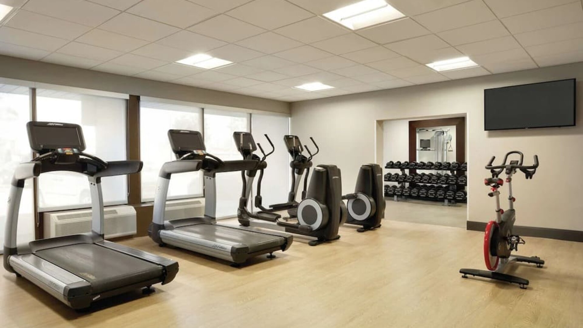 Fully equipped fitness center at DoubleTree By Hilton Hotel Toronto Airport West.