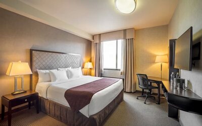 Standard day use room with TV, work desk and private bathroom at Acclaim Hotel Calgary Airport.