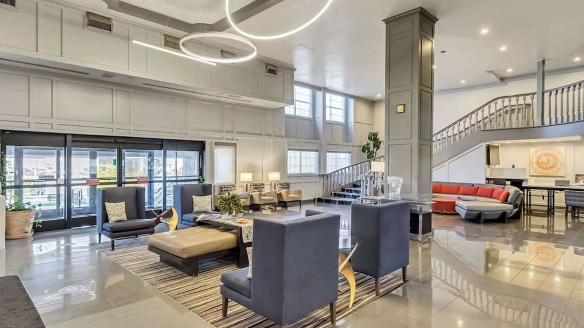 Lobby and coworking lounge at Radisson Hotel Salt Lake City Airport.