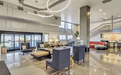 Lobby and coworking lounge at Radisson Hotel Salt Lake City Airport.