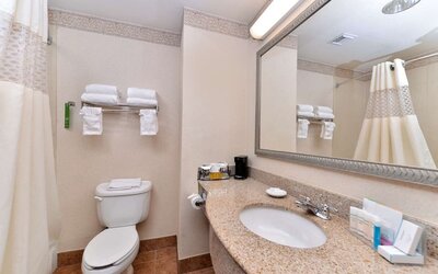 Guest bathroom with shower at Hampton Inn Deer Park.