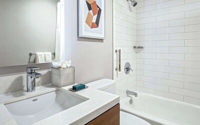 Guest bathroom with shower and tub at DoubleTree By Hilton Westborough.