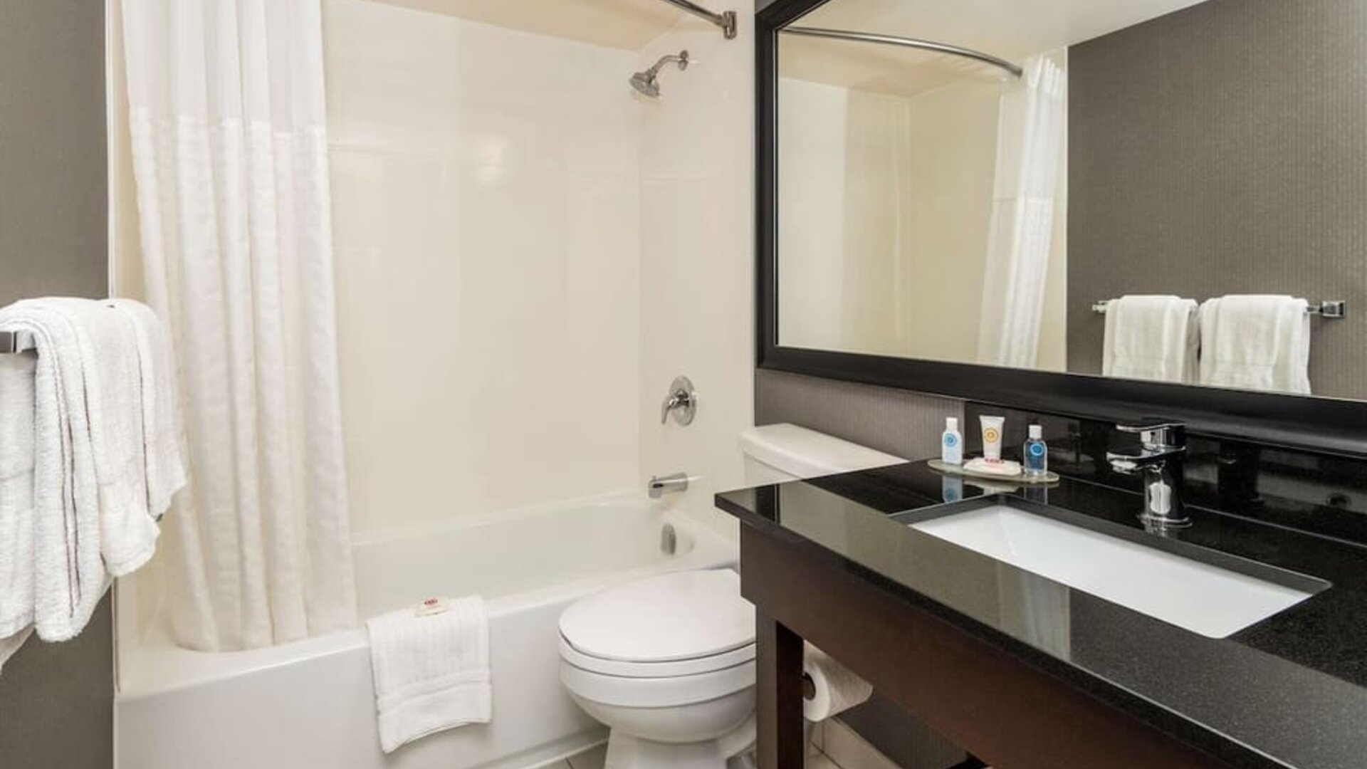 Private guest bathroom with tub and free toiletries at Comfort Inn Ottawa East.
