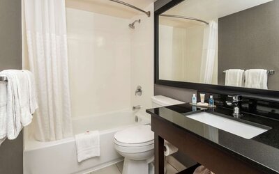 Private guest bathroom with tub and free toiletries at Comfort Inn Ottawa East.