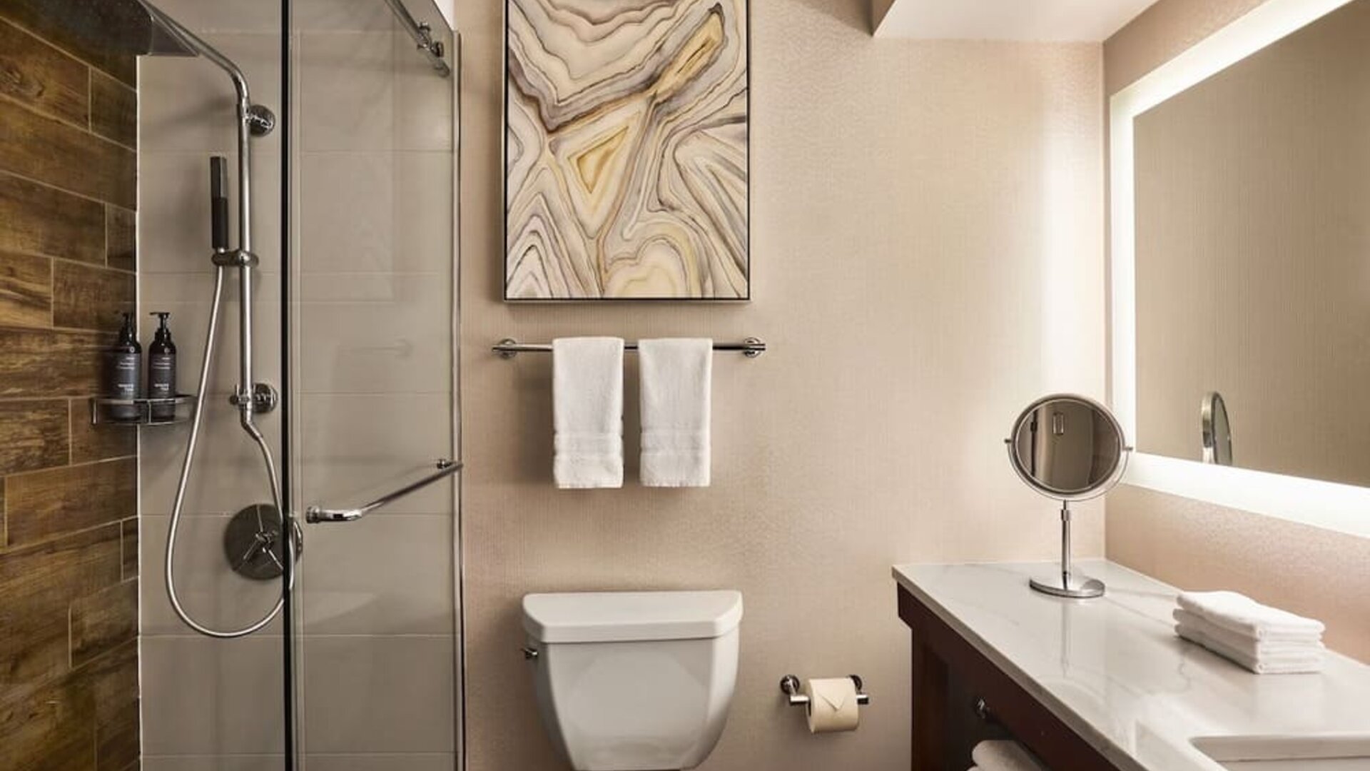 Guest bathroom with shower at The Westin SFO Airport.