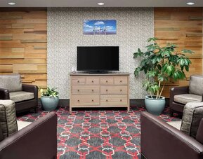 Lobby and coworking lounge at Wyndham Garden Pittsburgh Airport.