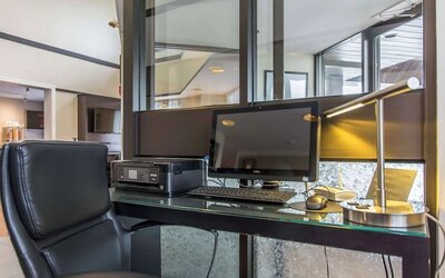 Business center with computer, printer and ergonomic chair at Comfort Inn New Glasgow.