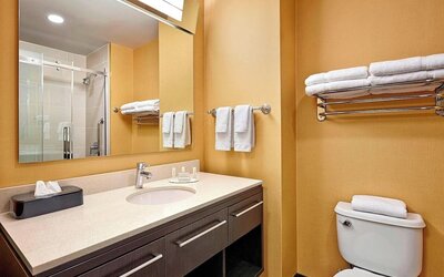 Guest bathroom with shower and free toiletries at TownePlace Suites By Marriott London.