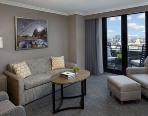 Living area and balcony at Hyatt Regency Boston.