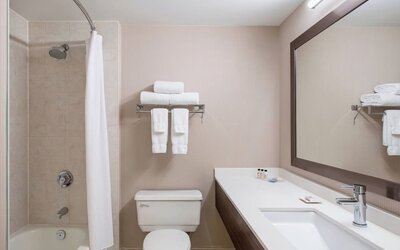 Guest bathroom with shower and tub at Delta St. John's Hotel & Conference Center.