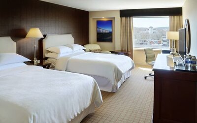 Bright day use twin room with work desk at Sheraton Hotel Newfoundland.