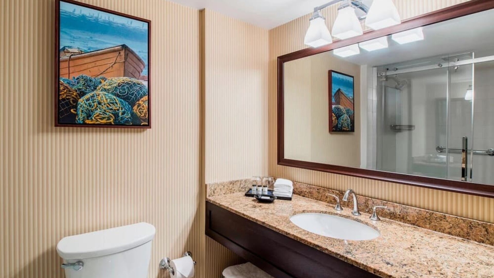 Guest bathroom with shower and free toiletries at Sheraton Hotel Newfoundland.